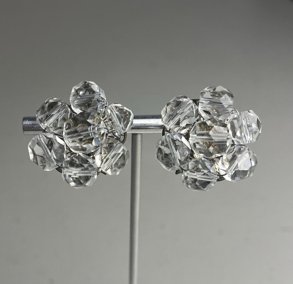 Japan Clear Glass Cluster Clip On Earrings Glam Retro Mid Century MCM Vintage 1"